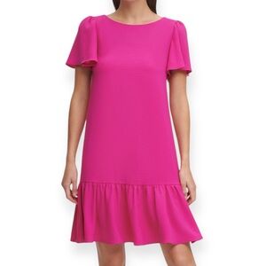 DKNY 14 Peplum Hem Floaty Mini Dress Raspberry Pink